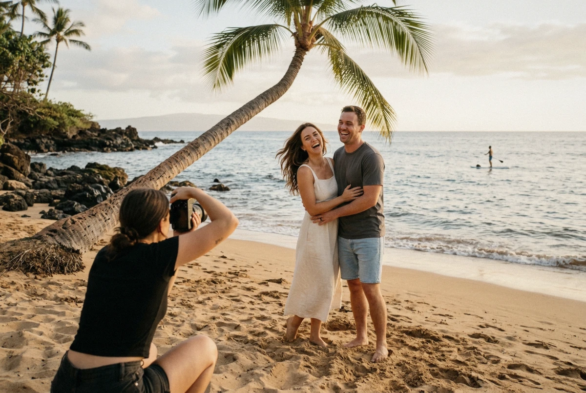 A couple walking the tide line while a photographer shoots from a distance, weighing whether a maui photoshoot is worth it at golden hour