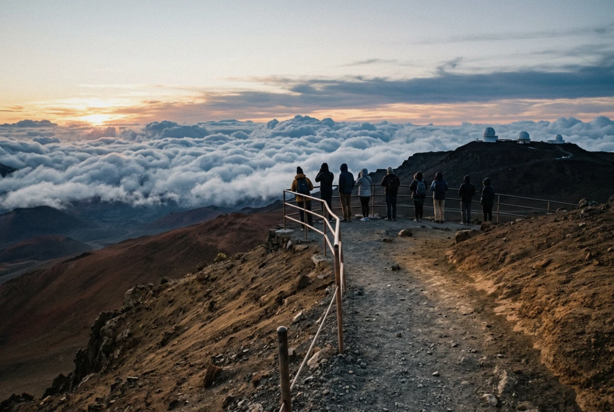 Sunset above the cloud layer at the 10,023-foot Haleakala summit, the photo stop on this Haleakala sunset tour in Maui