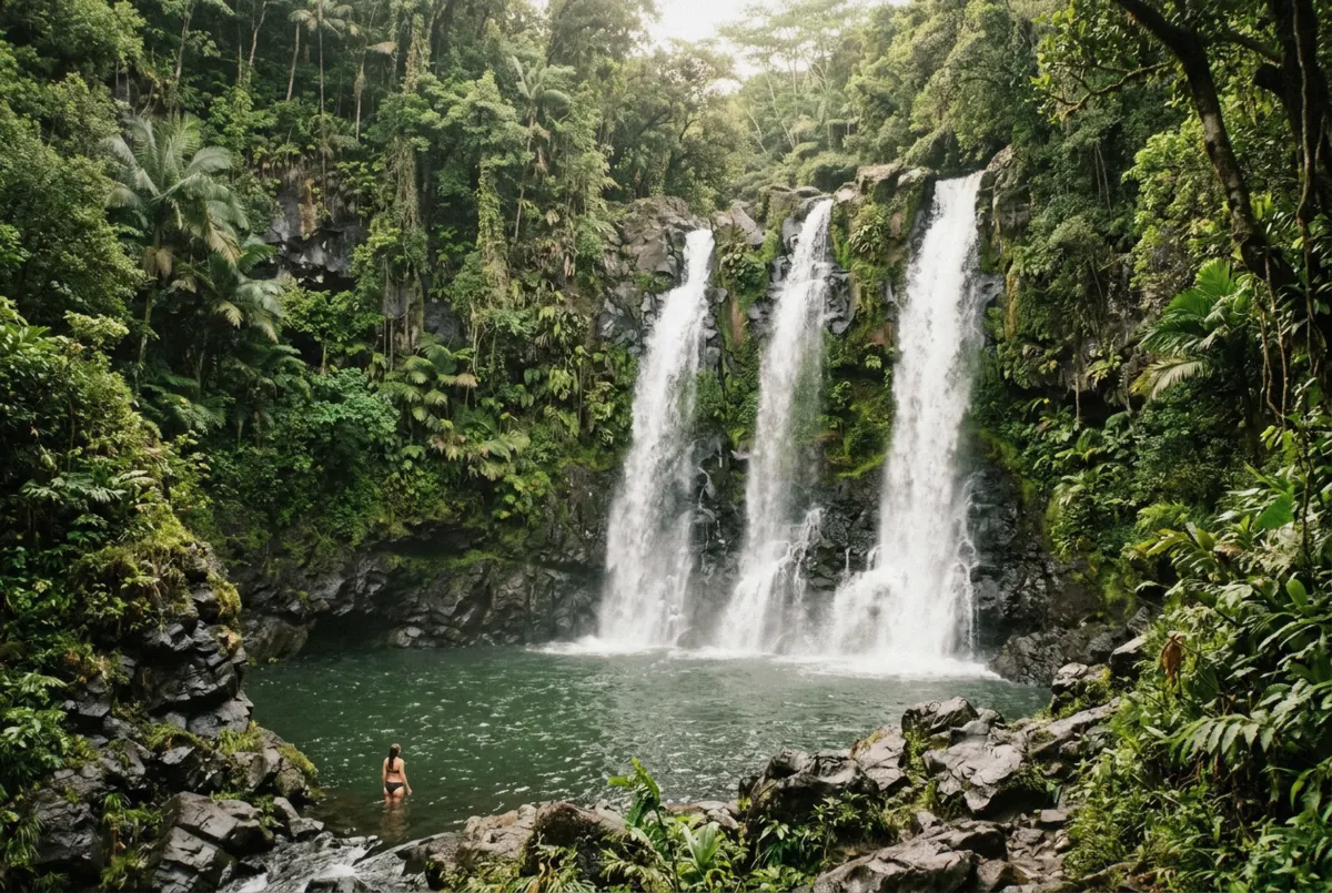 Rainforest waterfall and swimming hole like the Pu'a Ka'a swim stop on a half-day Hana rainforest tour