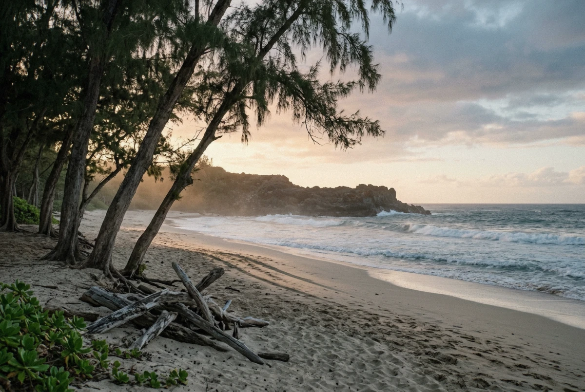Wind-bent ironwood trees and lava shoreline at sunset, the kind of exposed coast where a flying dress maui shoot gets its movement