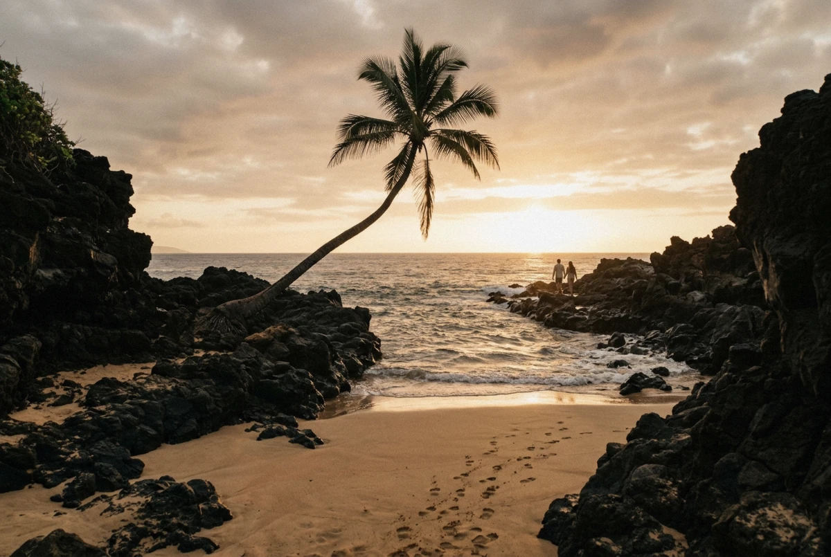 Golden hour light on the wide sand and seascapes of Makena, a top location for a Maui beach photoshoot
