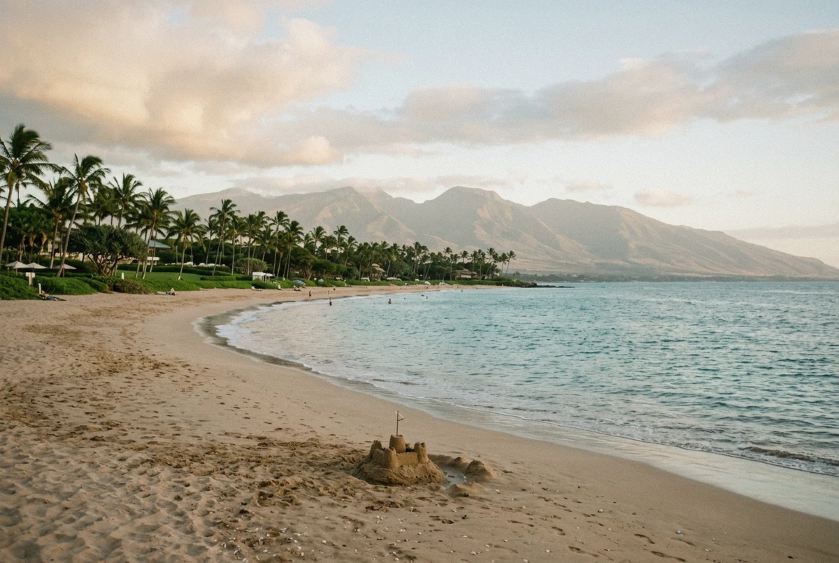 Golden sand and leaning palms at Wailea at sunset, a classic location choice for a Maui family photoshoot